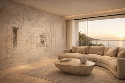 Table basse en pierre beige avec une forme ovale lisse et arrondie et une surface texturée naturelle.