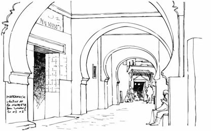 Croquis à la main d’une ruelle étroite avec des portes en arc et des murs en pierre.