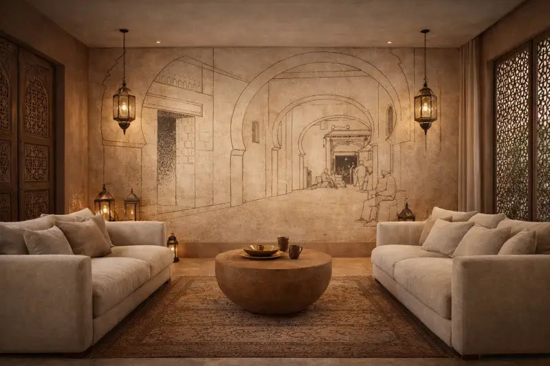 Des canapés sectionnels capitonnés beige avec des coussins décoratifs assortis encadrent une table basse ronde en bois aux tons terreux.