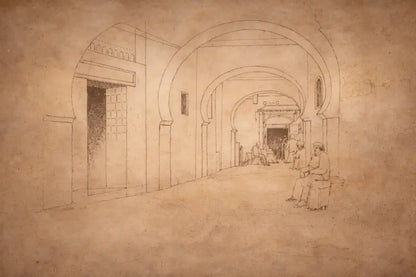 Une esquisse au crayon en tons sépia d’une ruelle voûtée avec des lignes architecturales détaillées et des figures assises le long de la promenade.