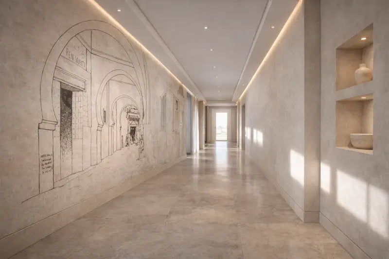 Un long couloir élégamment éclairé avec des murs et un sol en marbre de couleur crème.
