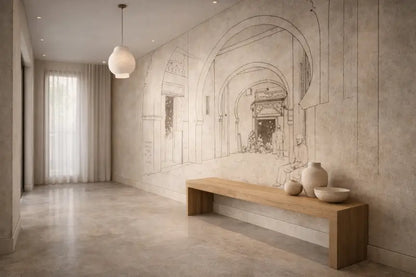 Un banc en bois minimaliste aux lignes épurées et à la finition naturelle, positionné contre un mur texturé orné d’esquisses architecturales.