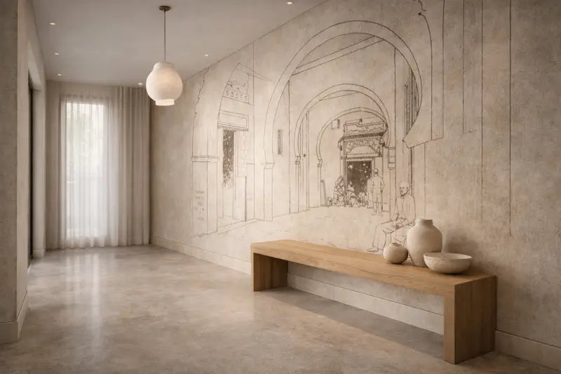 Un banc en bois minimaliste aux lignes épurées et à la finition naturelle, positionné contre un mur texturé orné d’esquisses architecturales.