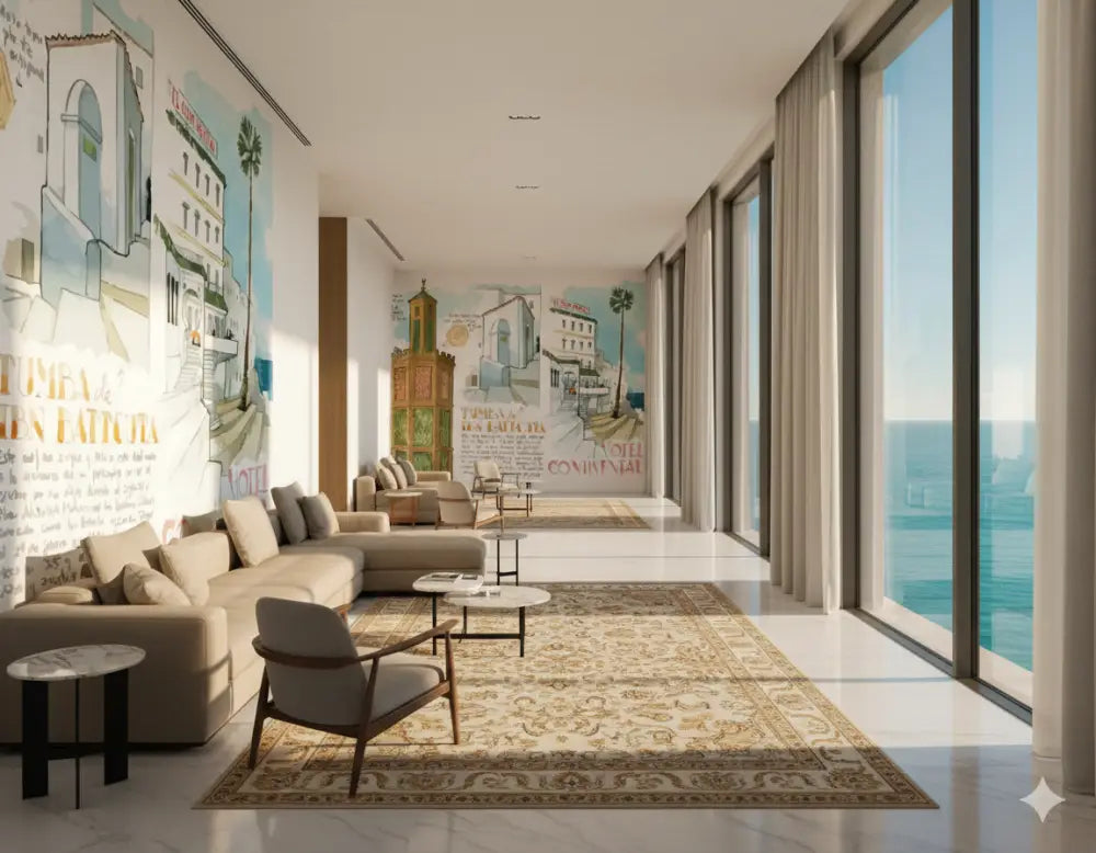 Canapé d’angle beige avec coussins moelleux et un design moderne et minimaliste.