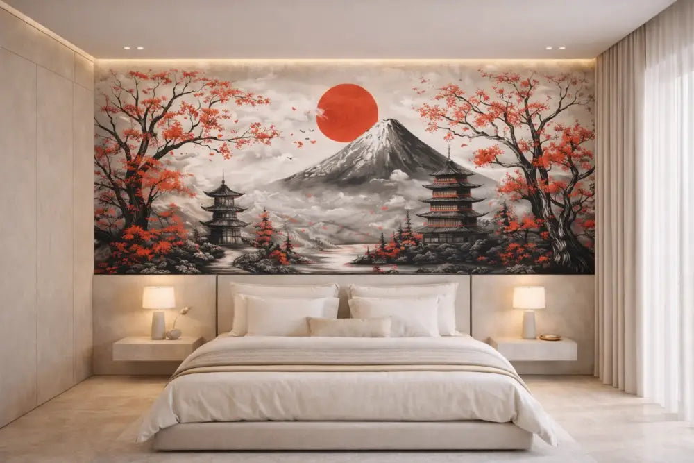 Une grande fresque détaillée représentant le mont Fuji avec des cerisiers en fleurs et des pagodes sous un soleil rouge.