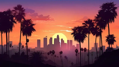 Une silhouette stylisée d’un skyline de ville au coucher du soleil, encadrée par de grands palmiers sur fond d’un ciel dégradé vibrant passant de l’orange au violet.