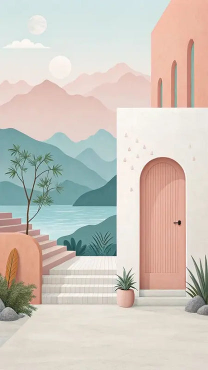 Une porte arquée rose pâle avec des lattes verticales en bois et une poignée noire, encastrée dans un mur de stuc blanc.