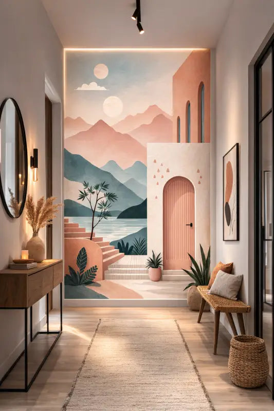 Une fresque murale vibrante et stylisée présentant des montagnes superposées en bleus et roses doux, un lac serein, des portes en arche et des accents chaleureux en terre cuite.