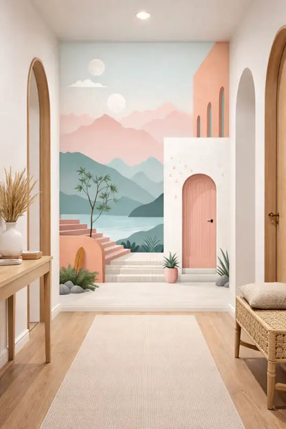 Porte cintrée rose pastel avec une poignée noire encastrée dans un mur de stuc blanc.