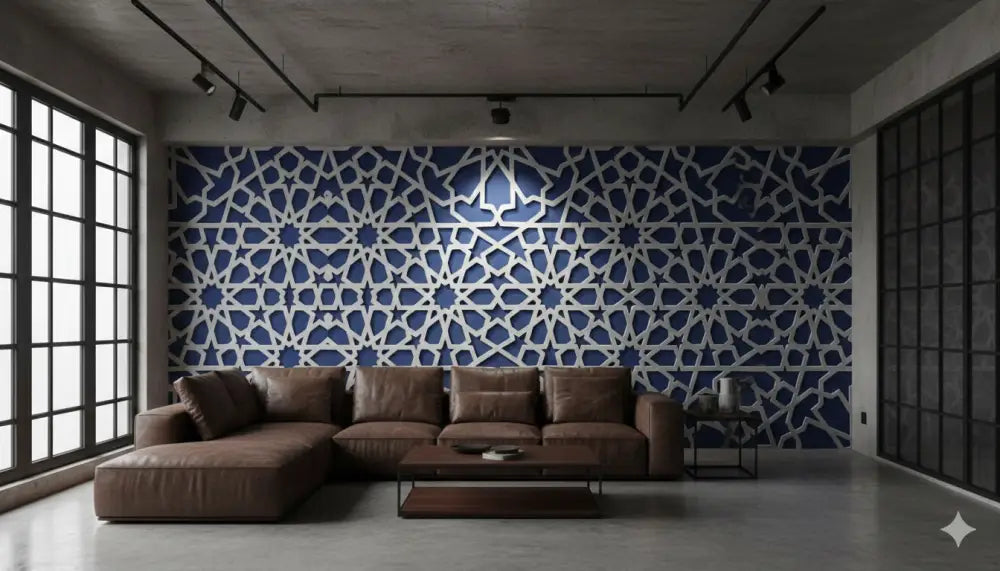 Papier Peint Panoramique Zellige Bleu Minéral & Sable – Édition Ultra Luxe Villa