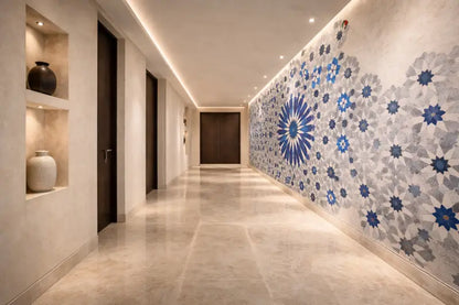 Mural de carreaux géométriques bleu et blanc ornant le mur du couloir.