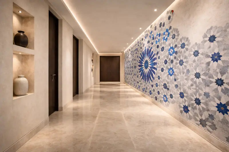 Mural de carreaux géométriques bleu et blanc ornant le mur du couloir.