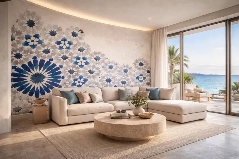 Canapé d’angle beige avec des coussins moelleux aux nuances de bleu et de beige, accentué par une table basse ronde en pierre.