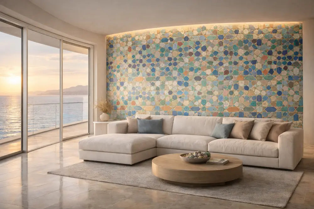 Canapé d’angle beige avec des coussins décoratifs bleu clair et beige.