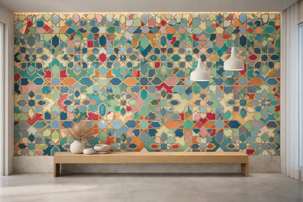 Panneau mural de mosaïque géométrique vibrante avec des motifs d’étoiles et de diamants intricés en teal, corail, or et pastels atténués.