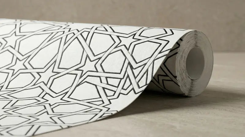 Un rouleau de papier peint blanc orné d’un motif géométrique étoilé noir complexe.