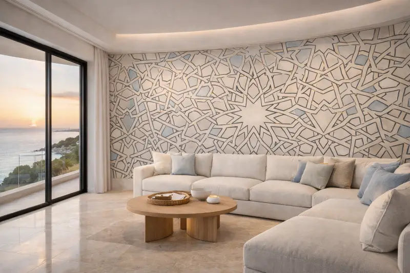 Canapé d’angle beige avec coussins décoratifs bleu clair et crème.