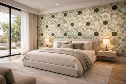 Lit capitonné beige avec des oreillers assortis et une couverture texturée.