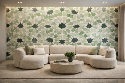 Canapé d’angle en tissu crème, moelleux, avec des coins arrondis et une texture douce.