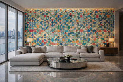 L’objet principal est une table basse à café moderne, circulaire, avec une surface réfléchissante en chrome et en verre.