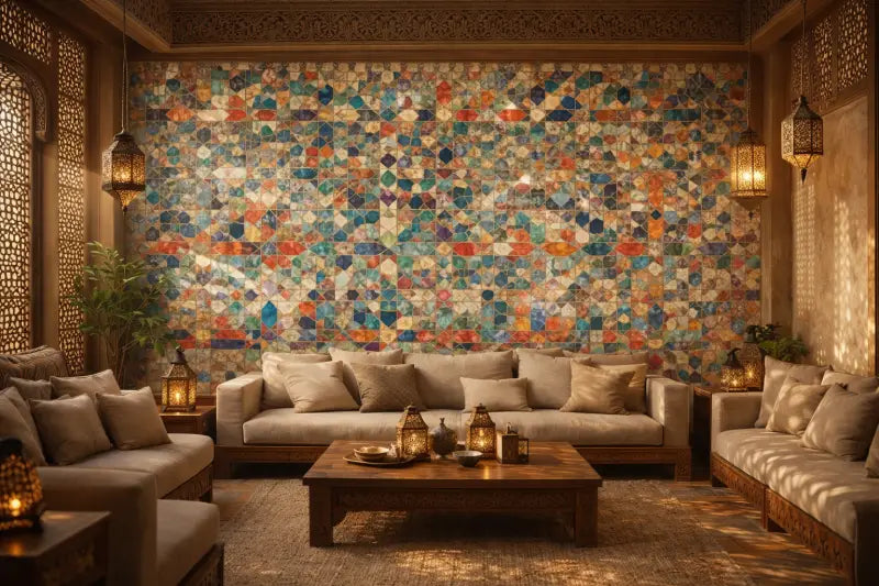 Le mur est orné d’un vibrant mosaïque de carreaux géométriques multicolores disposés dans un motif complexe.