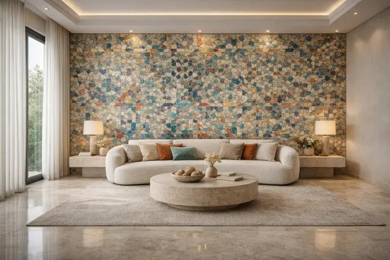 Canapé rembourré beige aux bords arrondis et garni de multiples coussins décoratifs dans des tons terreux.