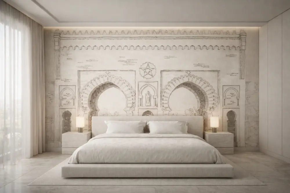 Un lit plat minimaliste blanc avec un cadre à faible profil et des oreillers assortis, posé contre une fresque murale arquée aux détails intricés.