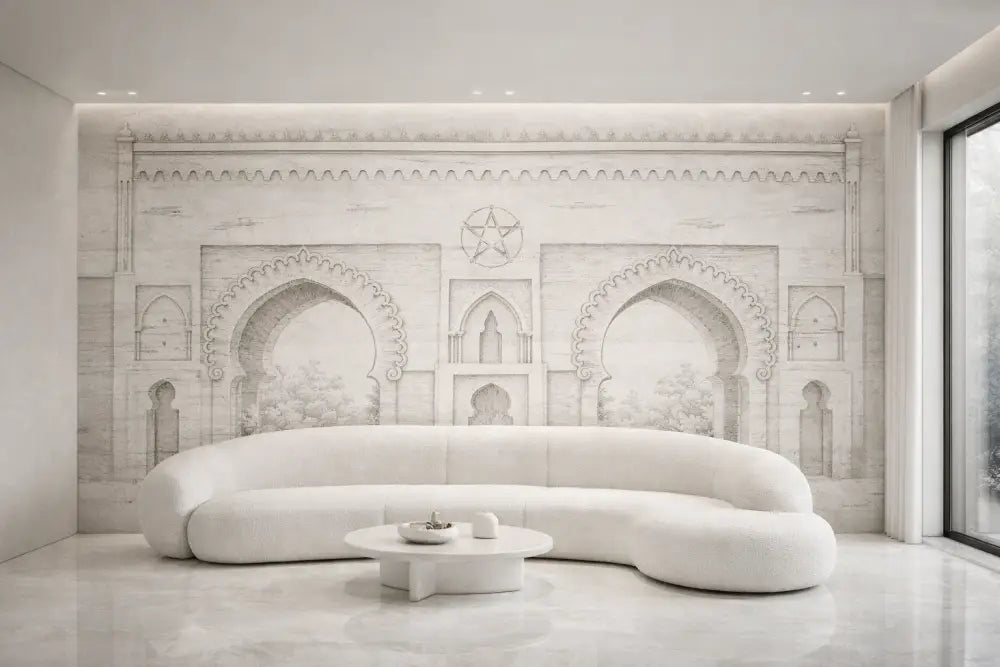 Canapé d’angle courbé blanc avec rembourrage moelleux texturé et design minimaliste