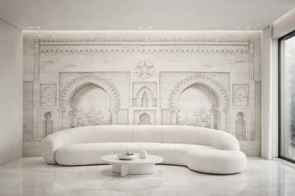 Canapé d’angle courbé blanc avec rembourrage moelleux texturé et design minimaliste