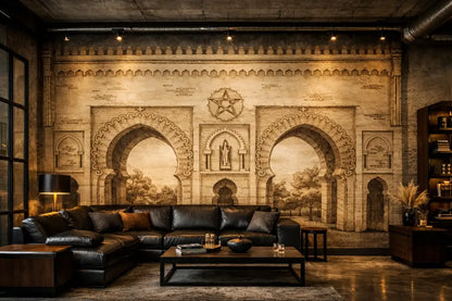 Canapé d’angle en cuir noir avec des coussins décoratifs marron foncé et gris.