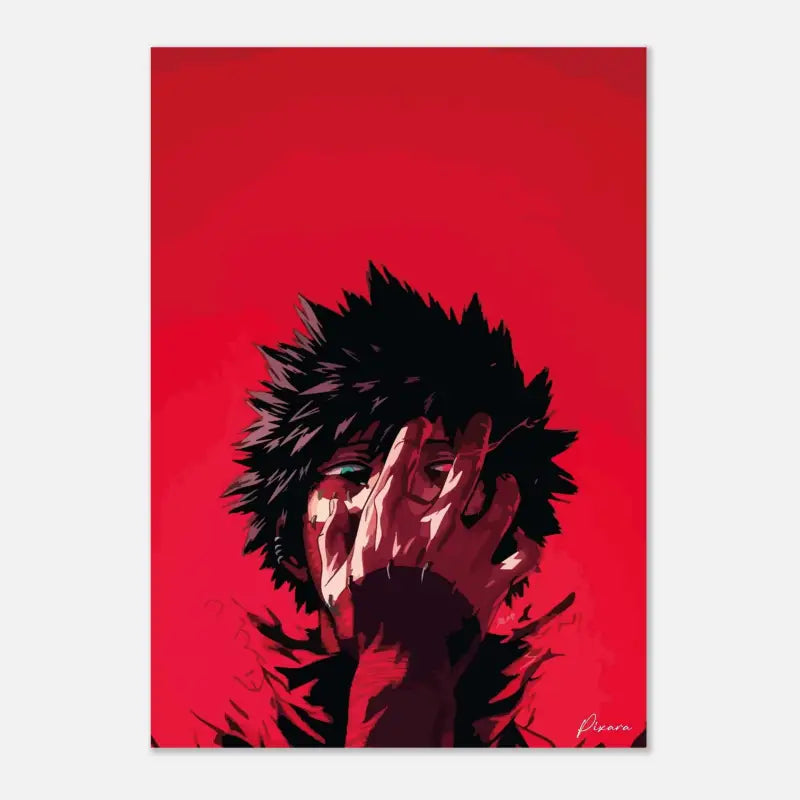 Un portrait anime stylisé d’un personnage aux cheveux noirs hérissés et un œil vert visible, sur un fond rouge uni.