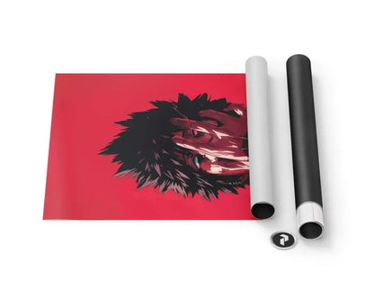 Affiche rouge mettant en scène un personnage d’anime stylisé noir et rouge aux cheveux en pics sur un fond cramoisi vibrant.