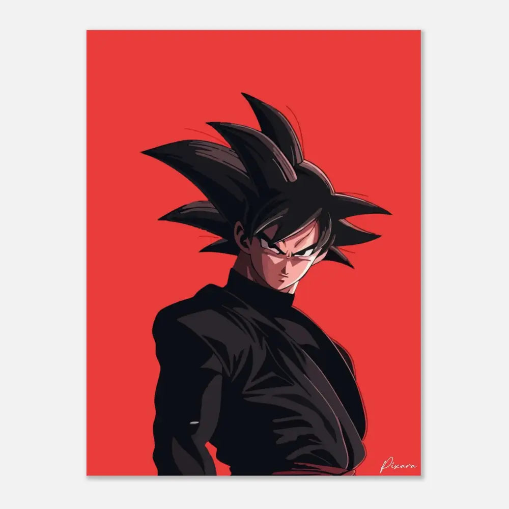 Goku aux cheveux noirs dans sa forme Super Saiyan Blue, représenté sur une impression sur toile rouge vibrante.