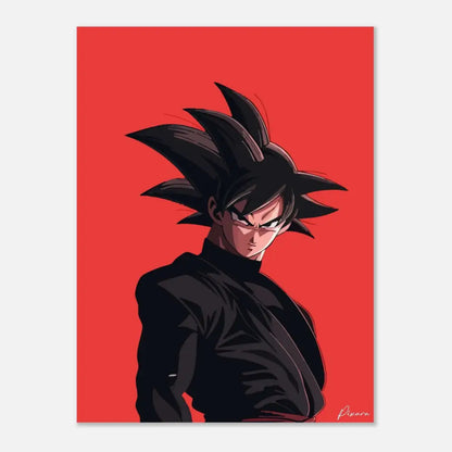Goku aux cheveux noirs dans sa forme Super Saiyan Blue, représenté sur une impression sur toile rouge vibrante.