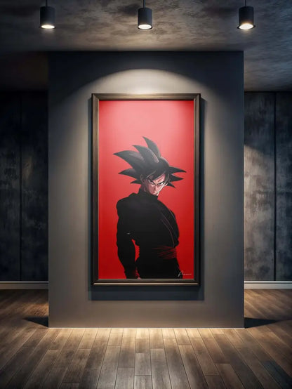 Une œuvre d’art encadrée mettant en vedette un personnage d’anime aux cheveux noirs et hérissés sur un fond rouge vibrant, enchâssée dans un cadre sombre simple.
