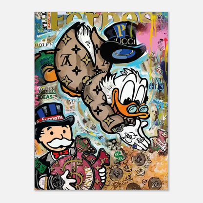 Un dessin animé de Donald Duck portant un costume marron à motif monogramme Louis Vuitton et un chapeau Gucci noir, entouré d’éléments de marque style graffiti.