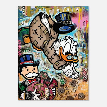 Une œuvre d’art vibrante de style graffiti mettant en scène Donald Duck dans un costume marron monogramme Louis Vuitton et un haut-de-forme, aux côtés de l’homme du Monopoly tenant de l’argent et portant une casquette Supreme.