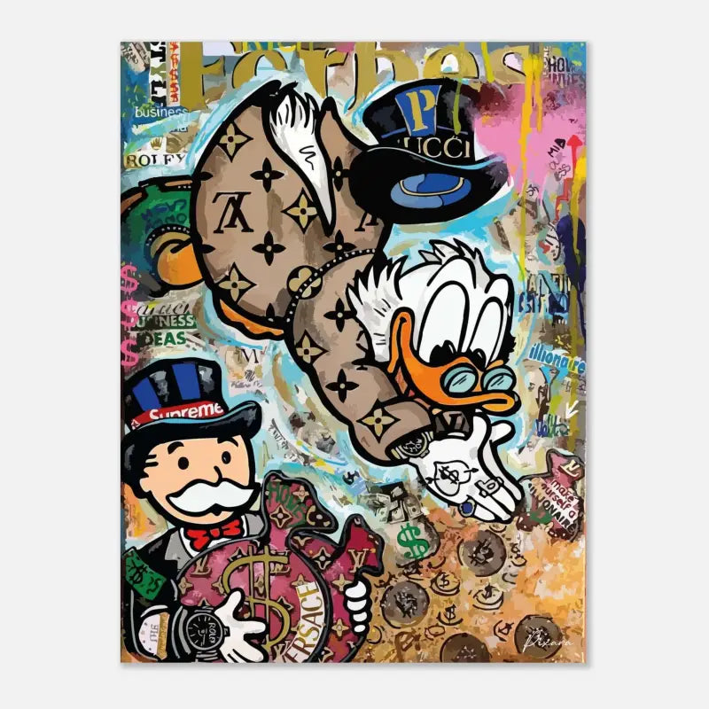 Une œuvre d’art vibrante de style graffiti mettant en scène Donald Duck dans un costume marron monogramme Louis Vuitton et un haut-de-forme, aux côtés de l’homme du Monopoly tenant de l’argent et portant une casquette Supreme.