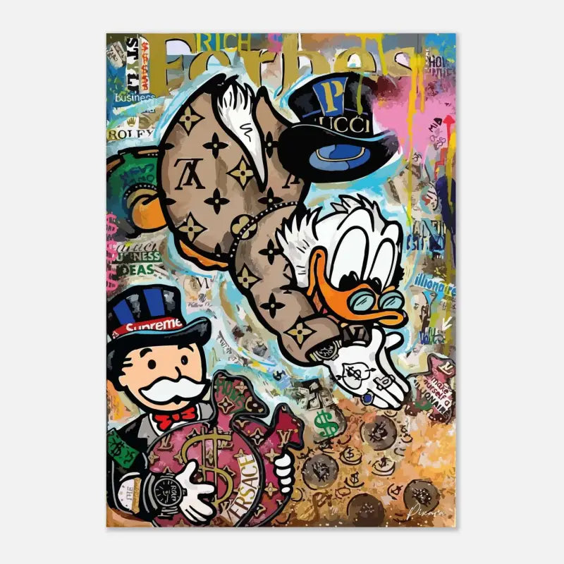 Une œuvre d’art vibrante de style graffiti mettant en scène Donald Duck et l’homme du Monopoly, tous deux ornés de logos de marques de luxe comme Louis Vuitton et Supreme.