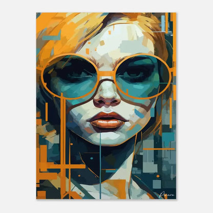 Un portrait numérique stylisé d’une femme aux cheveux blonds, portant des lunettes de soleil surdimensionnées à monture orange et verres teal.