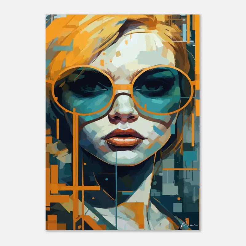 Un portrait numérique stylisé d’une femme aux cheveux blonds et portant des lunettes de soleil à monture orange, rendu en blocs géométriques audacieux de teal, blanc et orange.