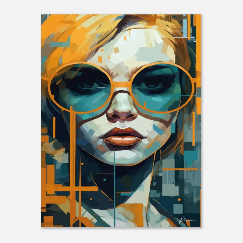 Une impression d’art numérique vibrante mettant en scène une femme aux cheveux blonds et portant des lunettes de soleil à monture orange, rendue en traits géométriques audacieux de teal, jaune et blanc.