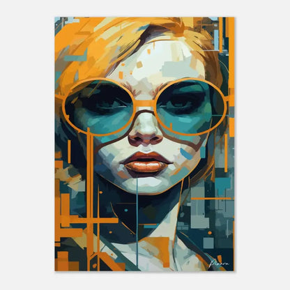 Un portrait numérique stylisé d’une femme aux cheveux blonds et lunettes de soleil teintées de turquoise, rendu en blocs géométriques orange et bleu audacieux.