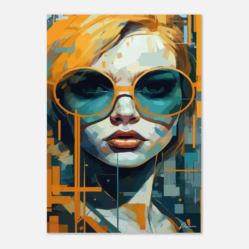 Un portrait numérique stylisé d’une femme aux cheveux blonds et lunettes de soleil teintées de turquoise, rendu en blocs géométriques orange et bleu audacieux.