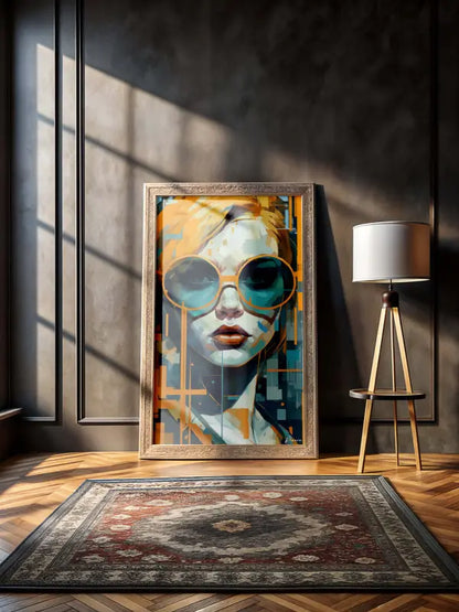 Un portrait encadré d’une femme portant des lunettes de soleil surdimensionnées, présentant des couleurs orange et turquoise vibrantes avec des motifs géométriques abstraits sur la toile.