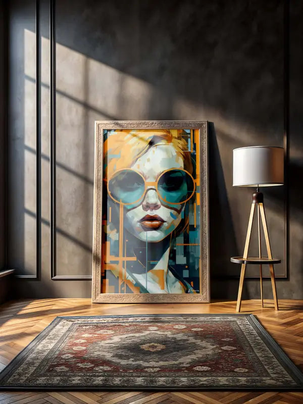 Un portrait encadré d’une femme portant des lunettes de soleil surdimensionnées, présentant des couleurs orange et turquoise vibrantes avec des motifs géométriques abstraits sur la toile.