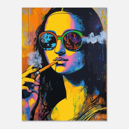 Toile vibrante de pop-art présentant une Mona Lisa stylisée avec des lunettes de soleil teintées arc-en-ciel et une cigarette fumante, rendue en tons audacieux de jaune, bleu et orange.