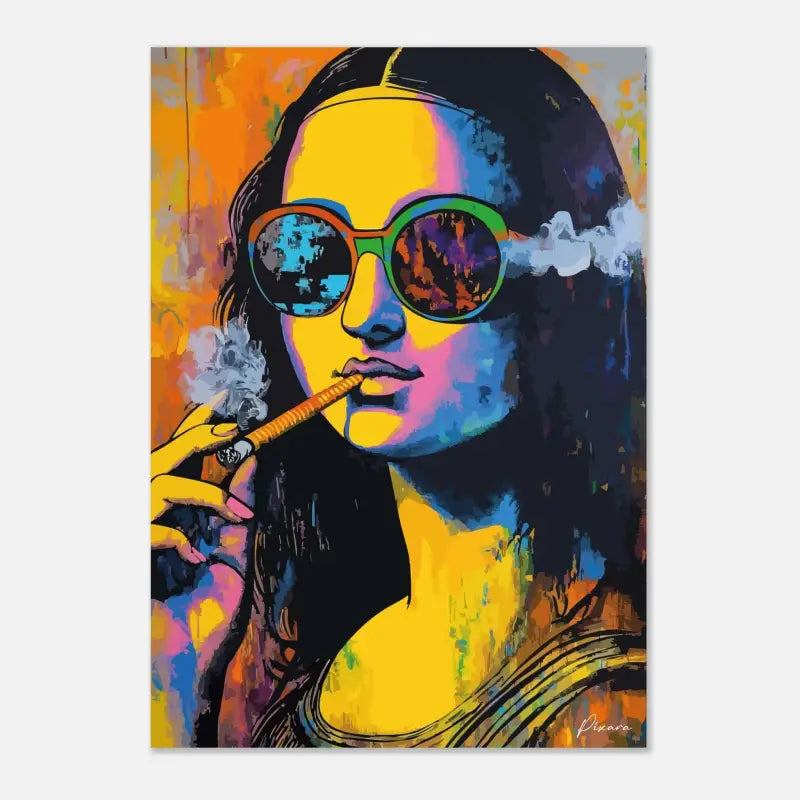Toile vibrante de pop-art mettant en scène une Mona Lisa stylisée avec des tons faciaux audacieux en jaune et bleu, portant des lunettes de soleil colorées qui reflètent des scènes abstraites.