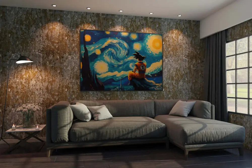 Une impression sur toile vibrante et stylisée mettant en scène Goku de Dragon Ball assis sur un affleurement rocheux sous des cieux étoilés tourbillonnants avec des orbes jaunes lumineux.