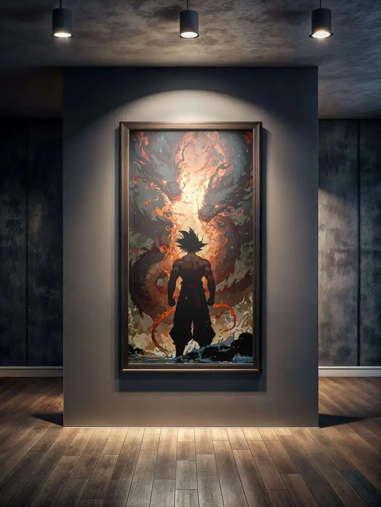 Une œuvre d’art encadrée représentant une silhouette de Goku de Dragon Ball Z se tenant devant une aura explosive et flamboyante avec des flammes tourbillonnantes orange et rouges.